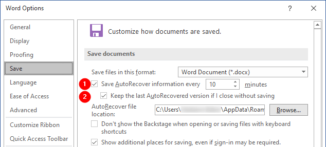 AutoSave and AutoRecover Settings