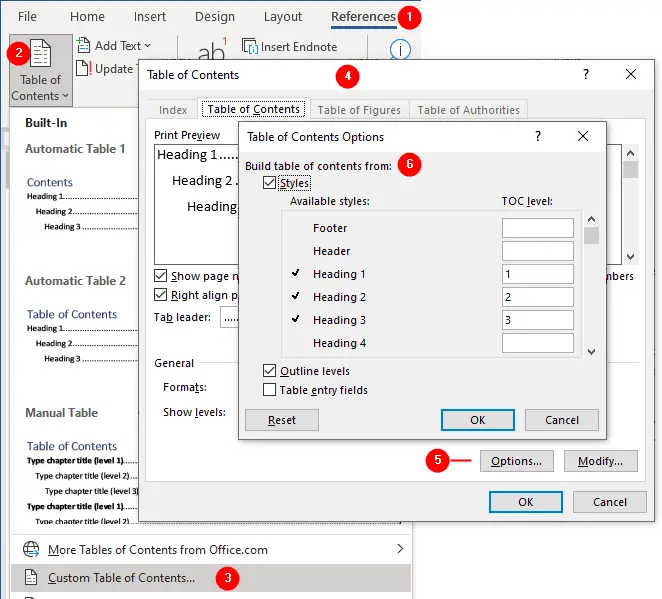 How to open Table of Contents Options dialog box